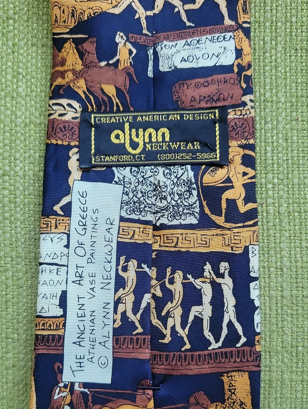 Alynn Neck Wear . Silk Men's Necktie with Classical Greek Motif - Navy & Gold